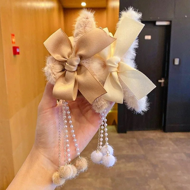 New Elegant Plush Hair Claw Plush Bow Tassel Temperament Girls Women Headdress Shark Clip Winter Accessories Hair Cute - Mom & Kids