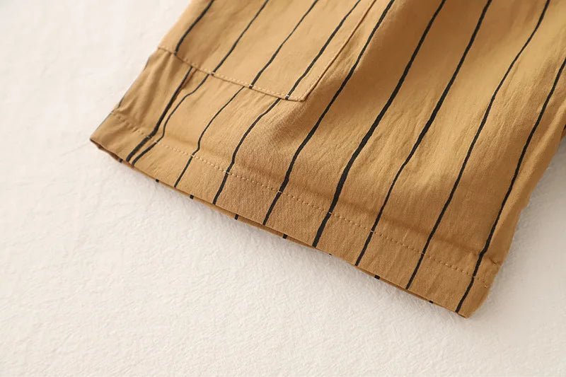 New Fashion Soft and Comfortable Children's Coffee Vertical Stripe Shirt Shorts Three-piece Set Kids Clothes Boys - Mom & Kids
