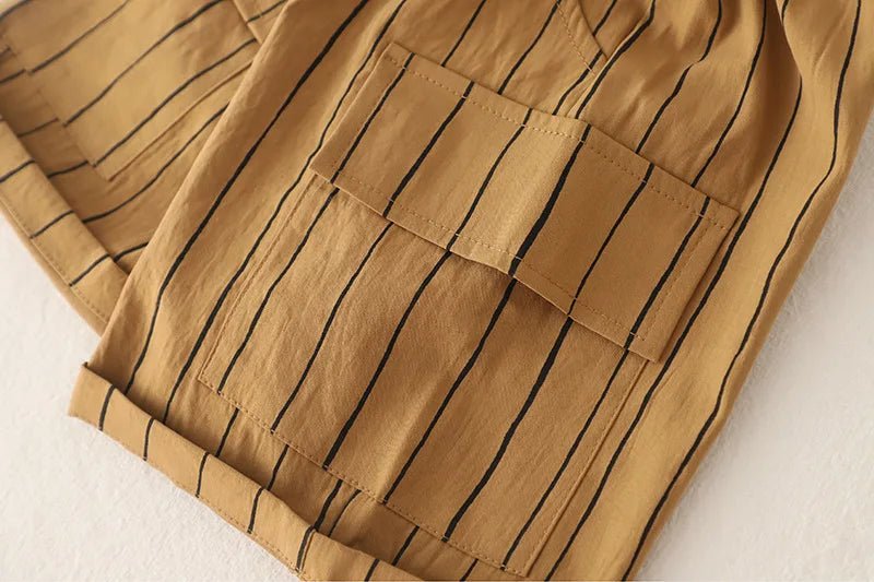 New Fashion Soft and Comfortable Children's Coffee Vertical Stripe Shirt Shorts Three-piece Set Kids Clothes Boys - Mom & Kids