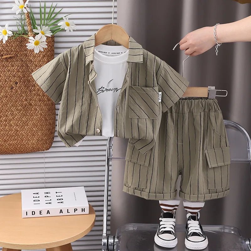 New Fashion Soft and Comfortable Children's Coffee Vertical Stripe Shirt Shorts Three-piece Set Kids Clothes Boys - Mom & Kids