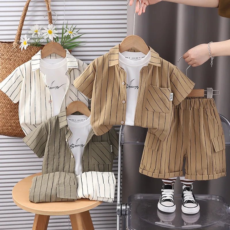 New Fashion Soft and Comfortable Children's Coffee Vertical Stripe Shirt Shorts Three-piece Set Kids Clothes Boys - Mom & Kids