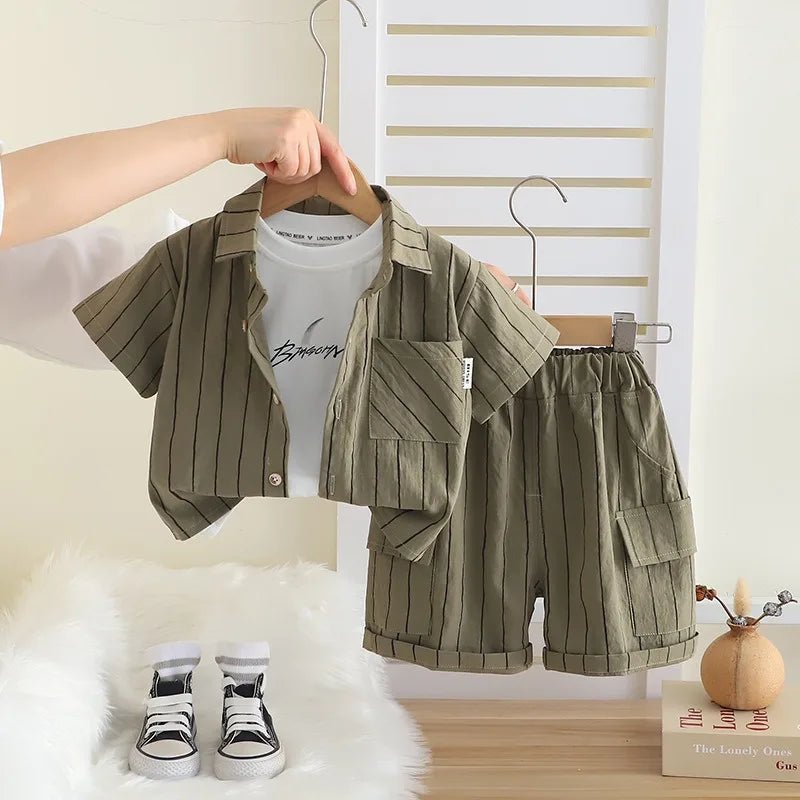 New Fashion Soft and Comfortable Children's Coffee Vertical Stripe Shirt Shorts Three-piece Set Kids Clothes Boys - Mom & Kids