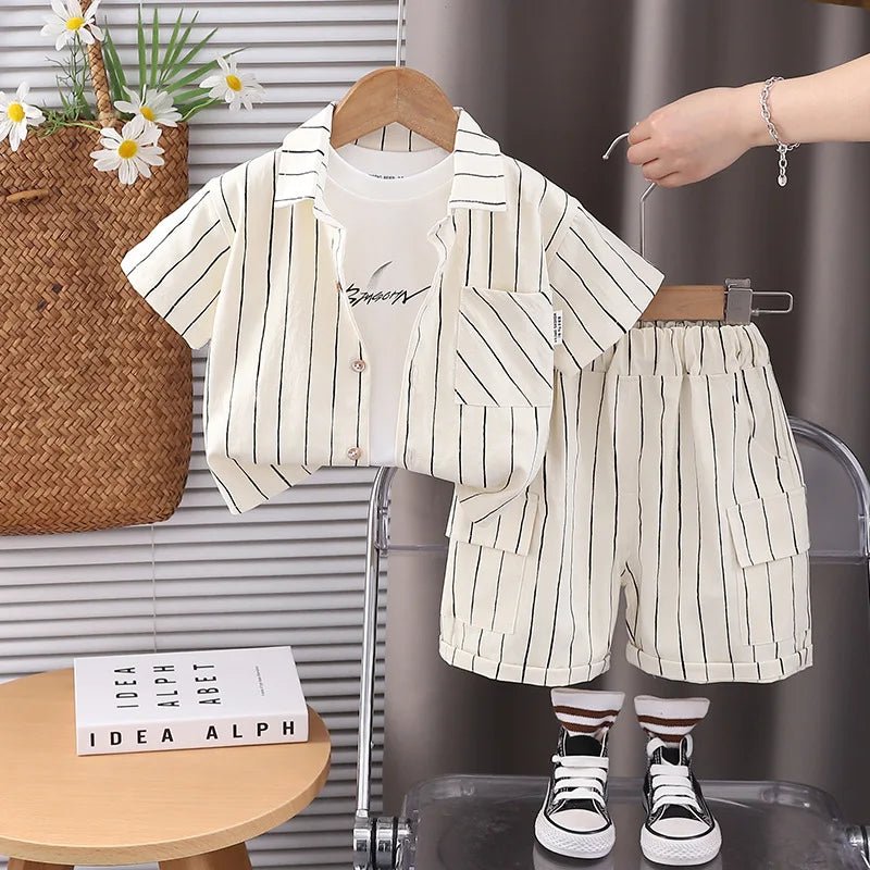 New Fashion Soft and Comfortable Children's Coffee Vertical Stripe Shirt Shorts Three-piece Set Kids Clothes Boys - Mom & Kids