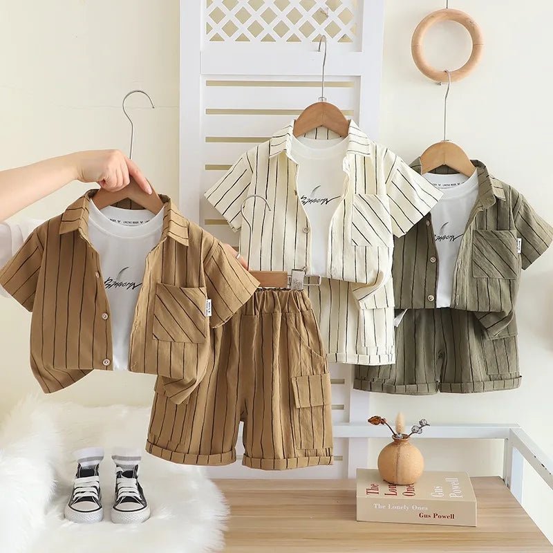 New Fashion Soft and Comfortable Children's Coffee Vertical Stripe Shirt Shorts Three-piece Set Kids Clothes Boys - Mom & Kids
