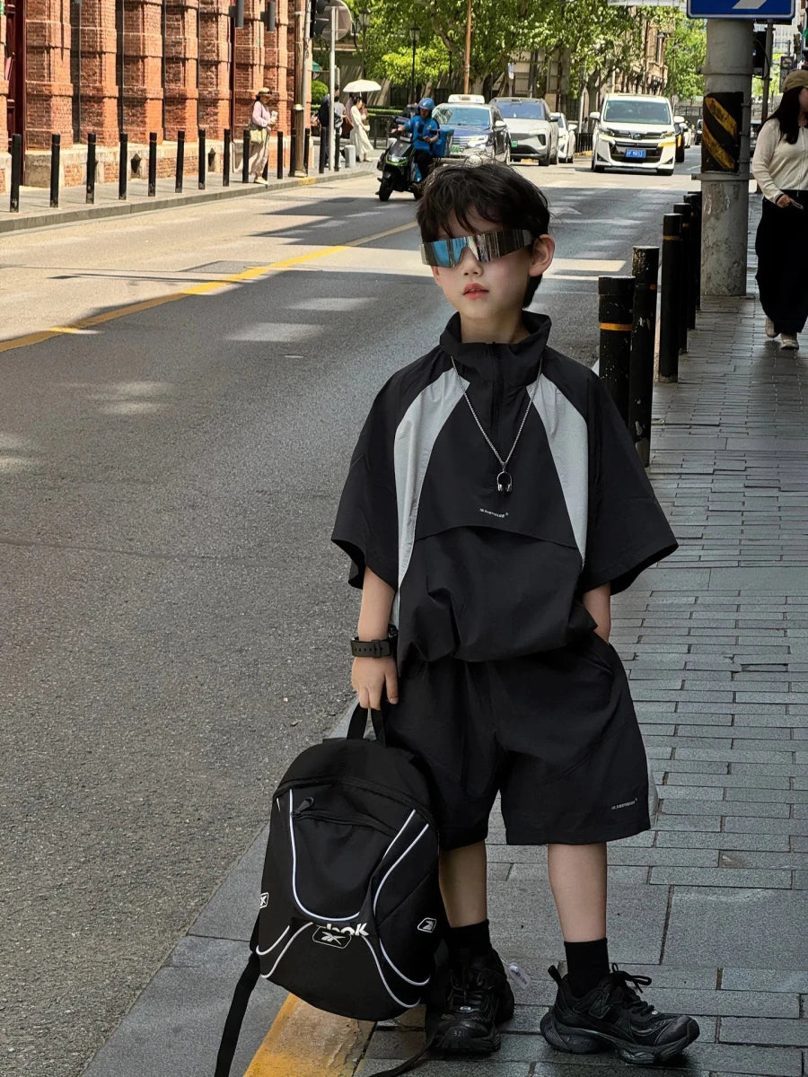 New Handsome Casual Work Clothes Set for Children, Boys' Sports and Leisure, Breathable Two Piece Set, Trendy - Mom & Kids
