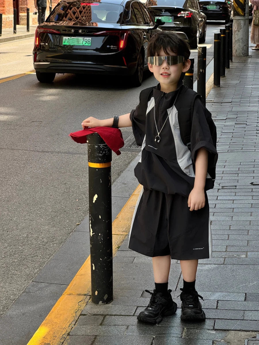New Handsome Casual Work Clothes Set for Children, Boys' Sports and Leisure, Breathable Two Piece Set, Trendy - Mom & Kids