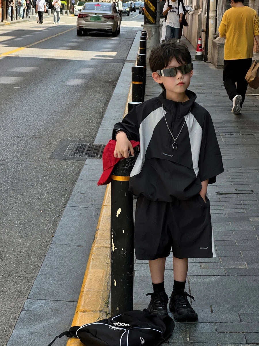 New Handsome Casual Work Clothes Set for Children, Boys' Sports and Leisure, Breathable Two Piece Set, Trendy - Mom & Kids