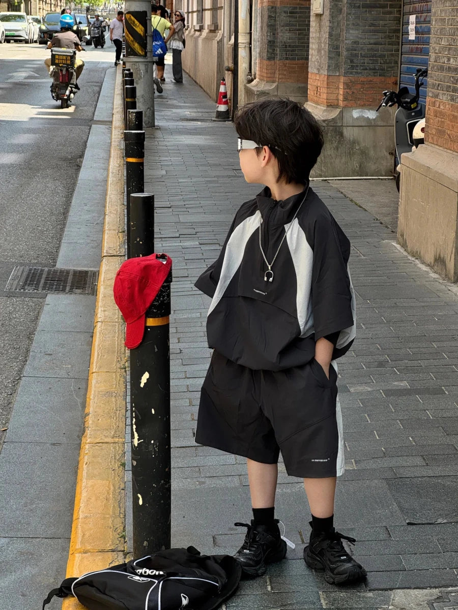 New Handsome Casual Work Clothes Set for Children, Boys' Sports and Leisure, Breathable Two Piece Set, Trendy - Mom & Kids