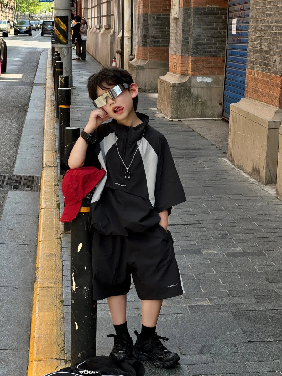 New Handsome Casual Work Clothes Set for Children, Boys' Sports and Leisure, Breathable Two Piece Set, Trendy - Mom & Kids