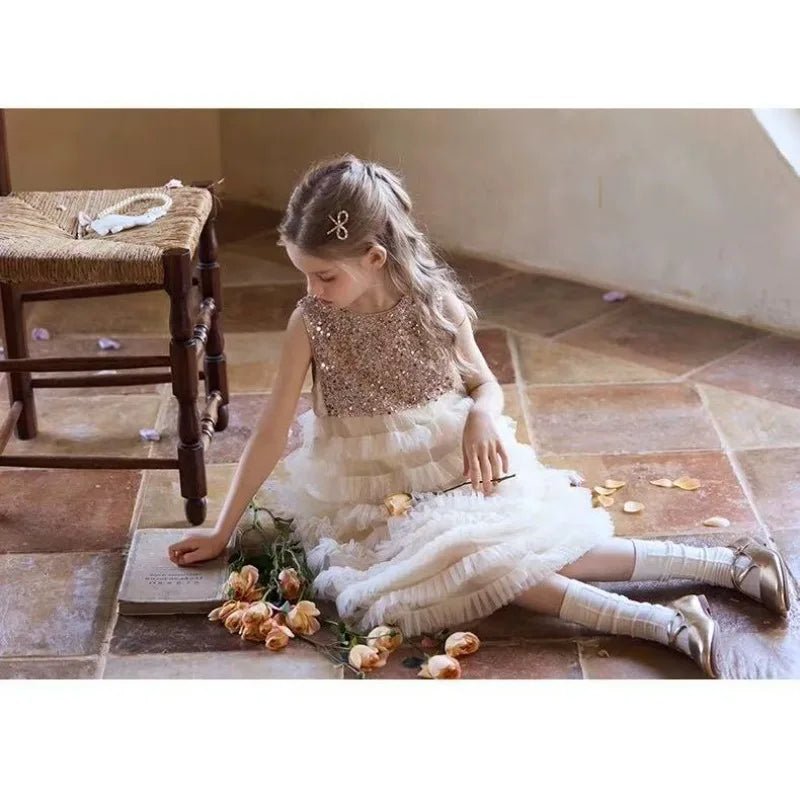 New Summer Party Dress for Kids Girls Sequined Sleeveless Mesh Cake Princess Dress Fashionable and Comfortable Skirt S4016 - Mom & Kids