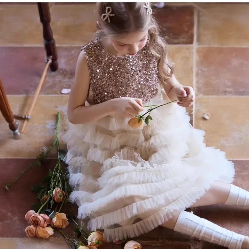 New Summer Party Dress for Kids Girls Sequined Sleeveless Mesh Cake Princess Dress Fashionable and Comfortable Skirt S4016 - Mom & Kids