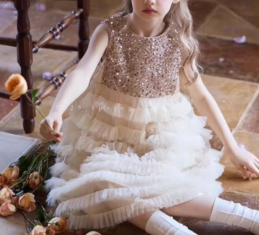 New Summer Party Dress for Kids Girls Sequined Sleeveless Mesh Cake Princess Dress Fashionable and Comfortable Skirt S4016 - Mom & Kids