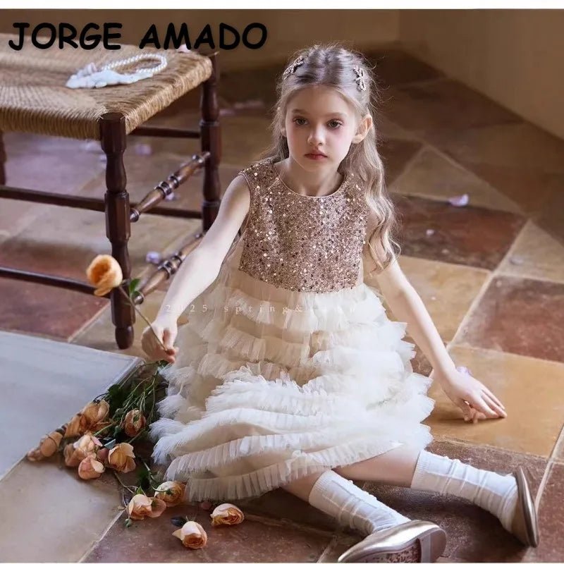 New Summer Party Dress for Kids Girls Sequined Sleeveless Mesh Cake Princess Dress Fashionable and Comfortable Skirt S4016 - Mom & Kids