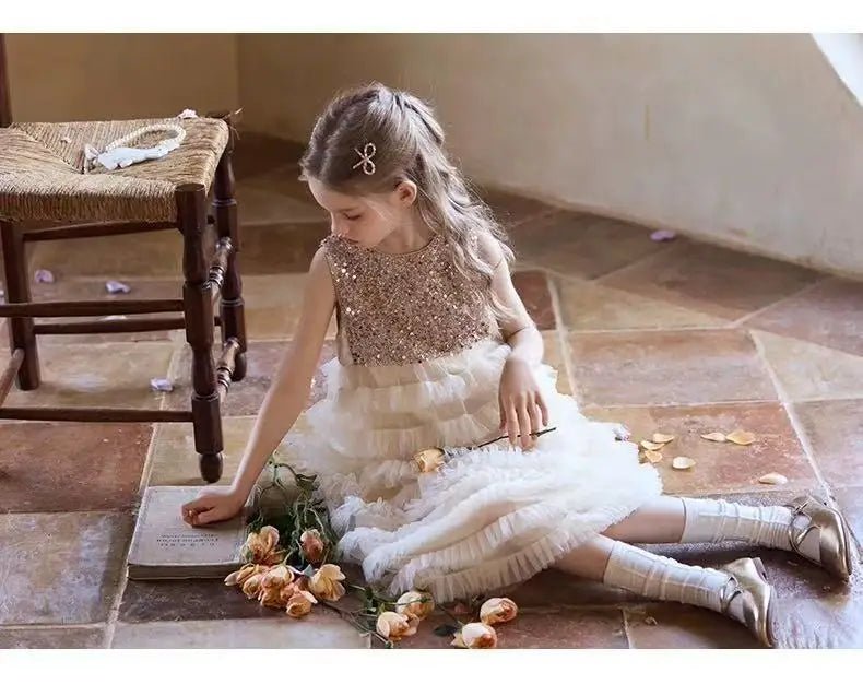 New Summer Party Dress for Kids Girls Sequined Sleeveless Mesh Cake Princess Dress Fashionable and Comfortable Skirt S4016 - Mom & Kids