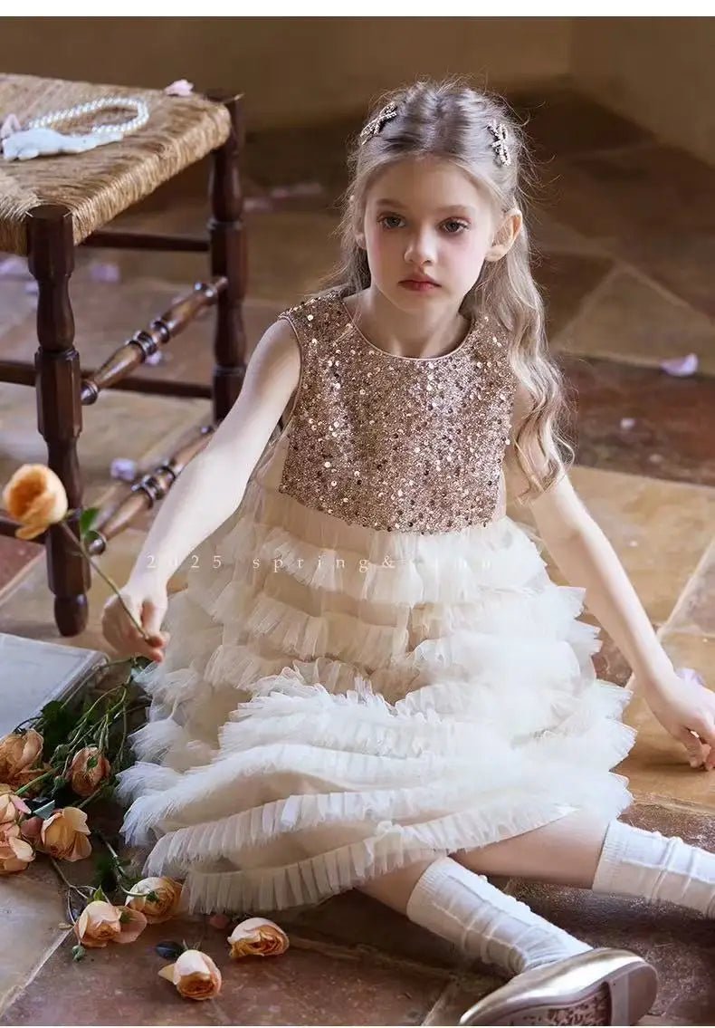New Summer Party Dress for Kids Girls Sequined Sleeveless Mesh Cake Princess Dress Fashionable and Comfortable Skirt S4016 - Mom & Kids