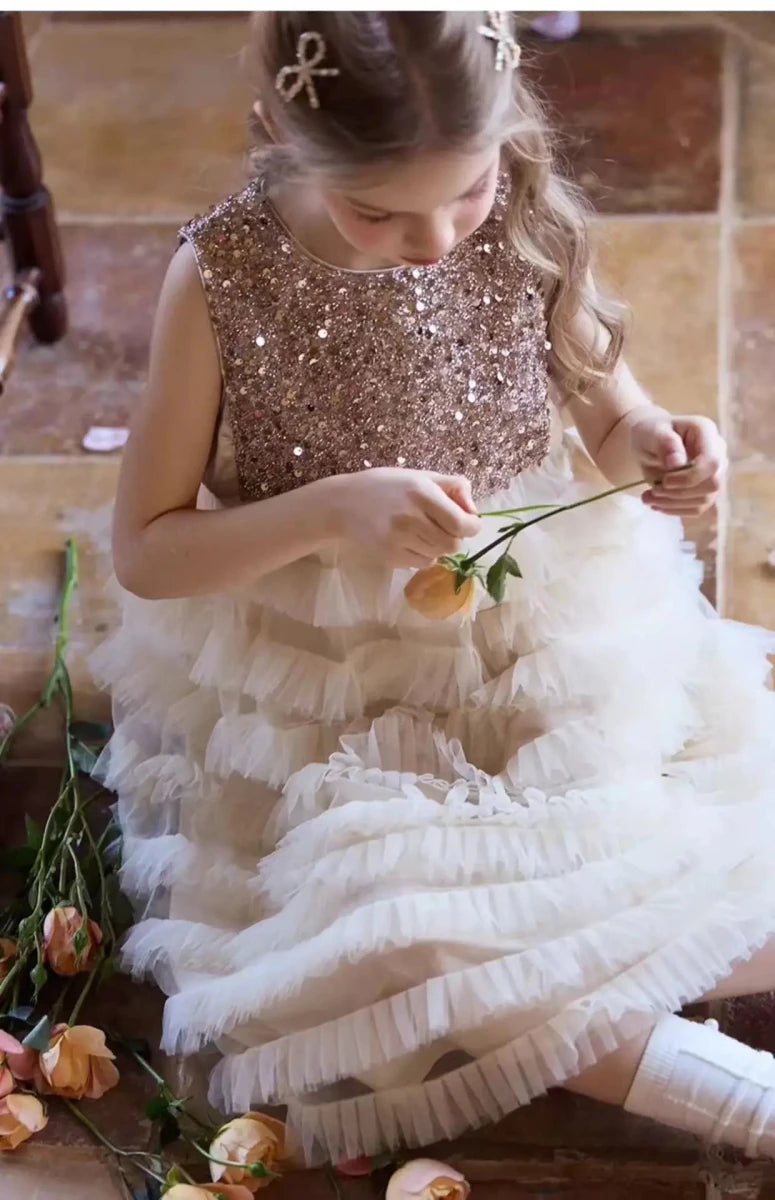 New Summer Party Dress for Kids Girls Sequined Sleeveless Mesh Cake Princess Dress Fashionable and Comfortable Skirt S4016 - Mom & Kids