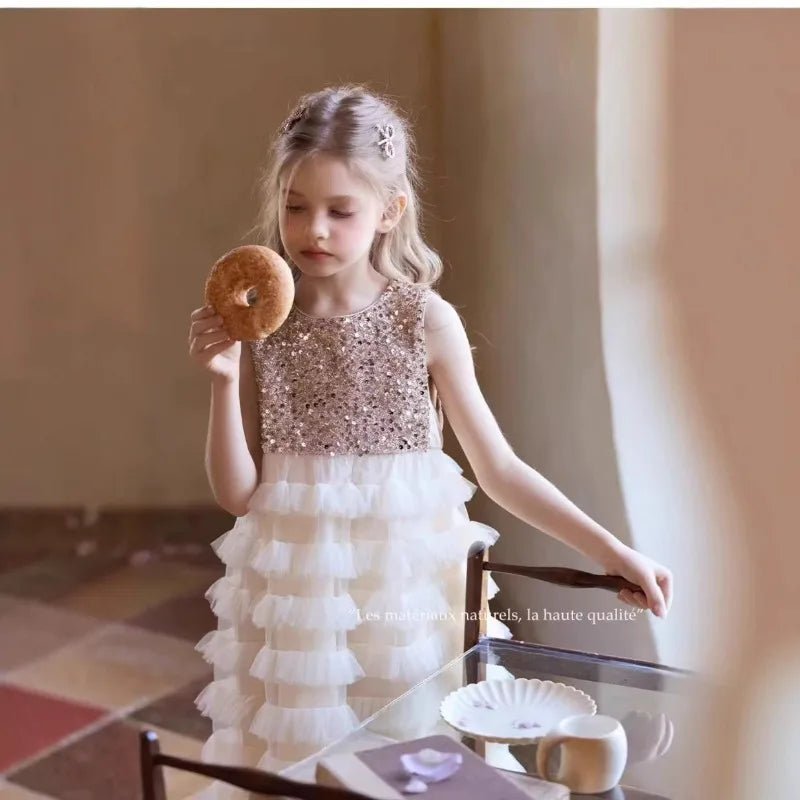 New Summer Party Dress for Kids Girls Sequined Sleeveless Mesh Cake Princess Dress Fashionable and Comfortable Skirt S4016 - Mom & Kids