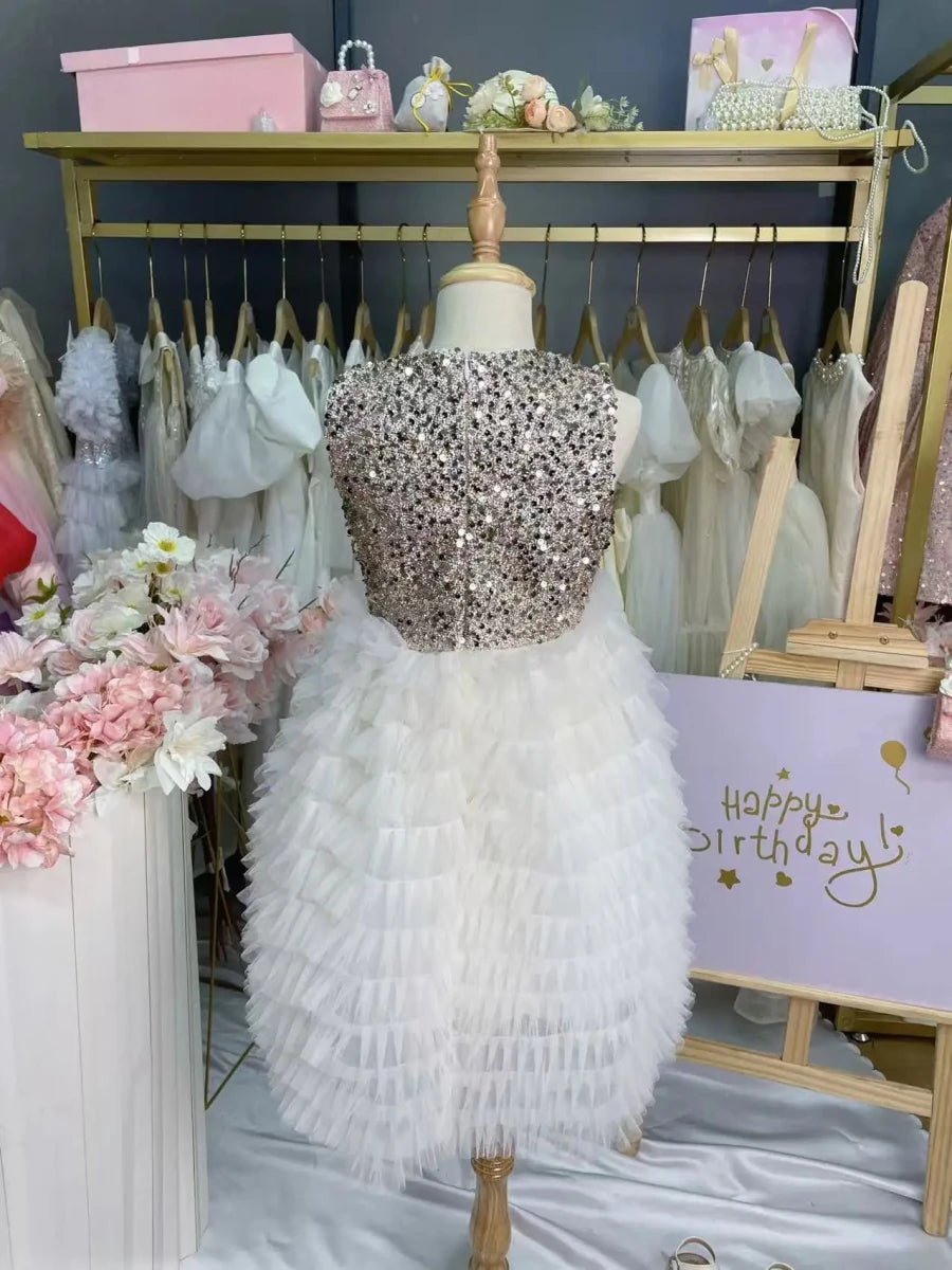 New Summer Party Dress for Kids Girls Sequined Sleeveless Mesh Cake Princess Dress Fashionable and Comfortable Skirt S4016 - Mom & Kids