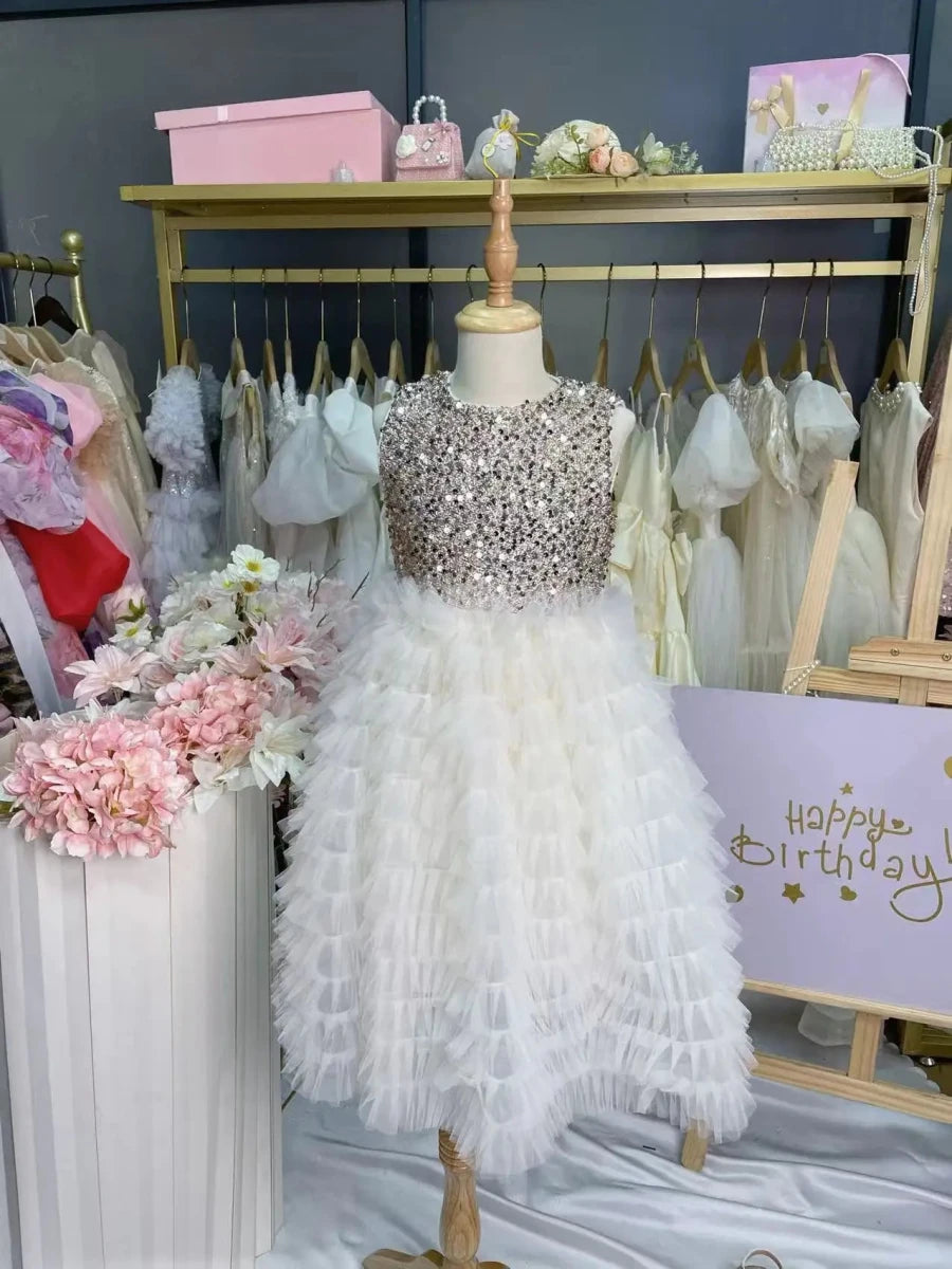New Summer Party Dress for Kids Girls Sequined Sleeveless Mesh Cake Princess Dress Fashionable and Comfortable Skirt S4016 - Mom & Kids