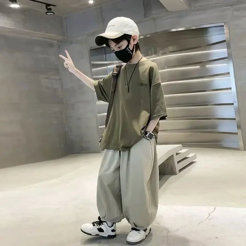 New Teenage Children's Clothing Big Boys Summer Cotton Set Summer Loose Boy Handsome T-shirt+ Lantern Pants Set Outfits - Mom & Kids