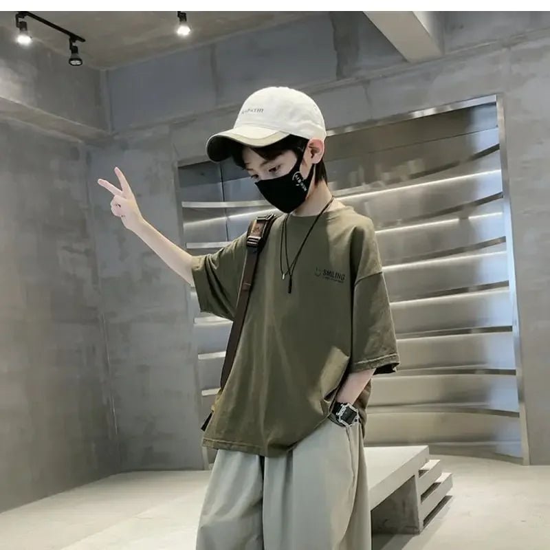New Teenage Children's Clothing Big Boys Summer Cotton Set Summer Loose Boy Handsome T-shirt+ Lantern Pants Set Outfits - Mom & Kids