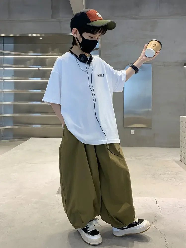 New Teenage Children's Clothing Big Boys Summer Cotton Set Summer Loose Boy Handsome T-shirt+ Lantern Pants Set Outfits - Mom & Kids