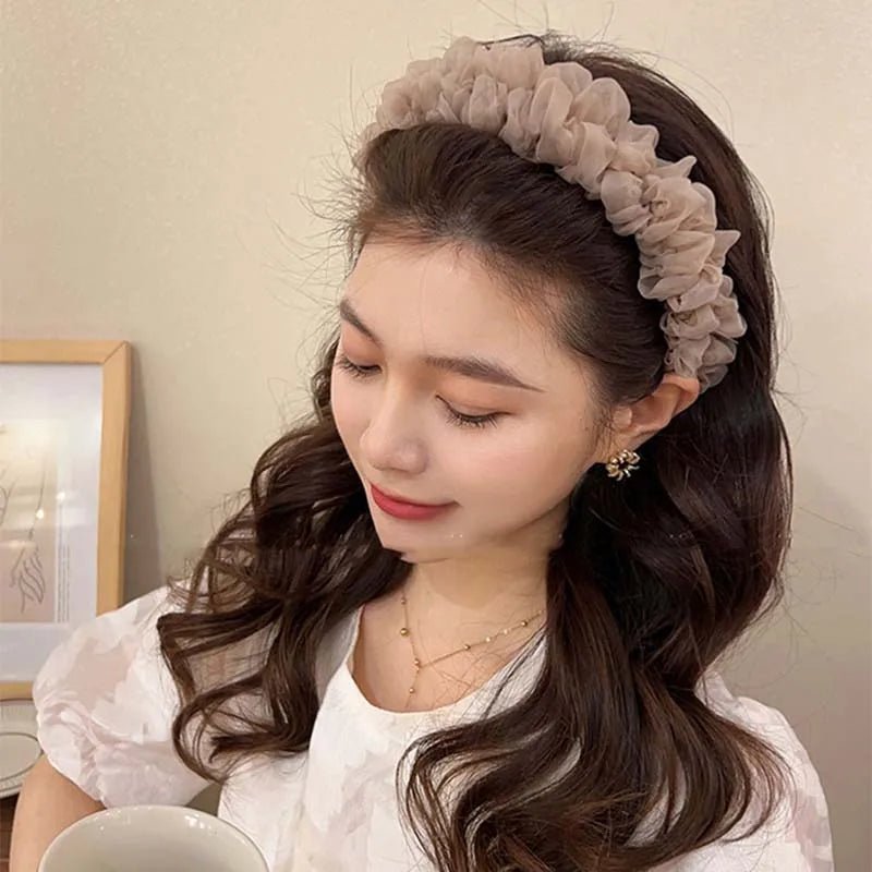 New Trendy Solid Color Mesh Pleated Headbands for Women Korean Elegant Ruffle Hairband Hair Band Headwear Hair Accessories - Mom & Kids