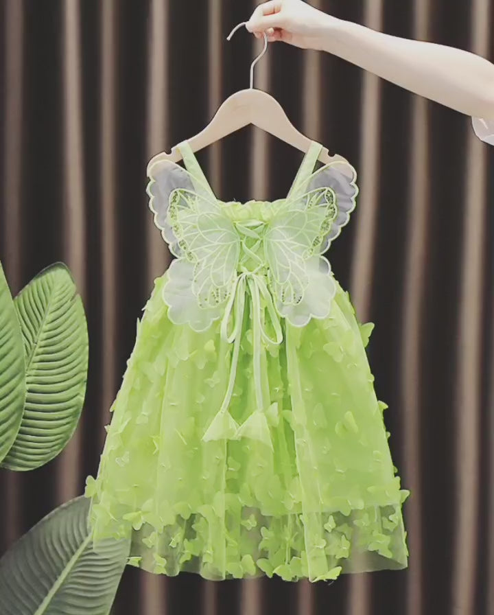 Fairy Girl Glitter Butterfly Wings Dress Summer New Kids Green Sling Princess Dresses Party Girls Costume