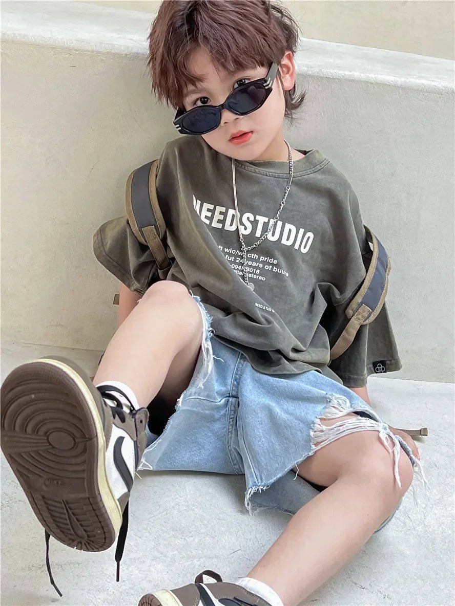 Pure Cotton Children's Short Sleeved Simple Trendy Letters Faded and Worn Half Sleeved T-shirts Boys Girls Stylish - Mom & Kids