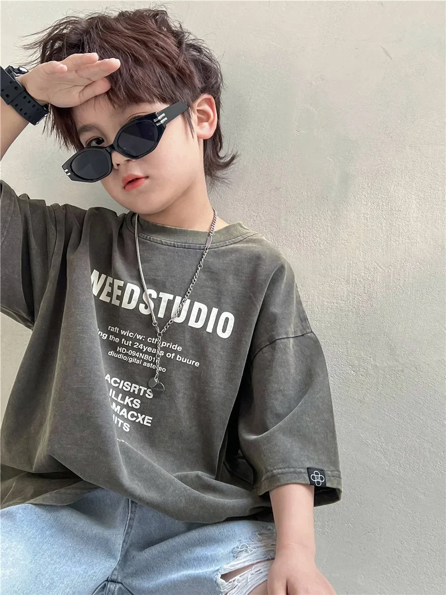 Pure Cotton Children's Short Sleeved Simple Trendy Letters Faded and Worn Half Sleeved T-shirts Boys Girls Stylish - Mom & Kids