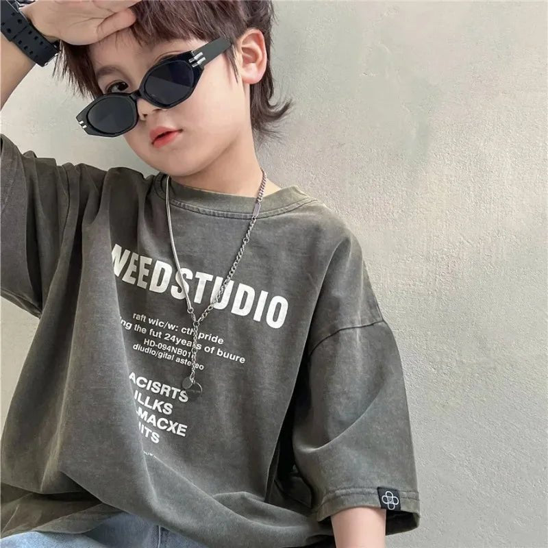 Pure Cotton Children's Short Sleeved Simple Trendy Letters Faded and Worn Half Sleeved T-shirts Boys Girls Stylish - Mom & Kids