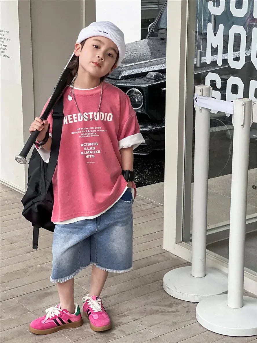 Pure Cotton Children's Short Sleeved Simple Trendy Letters Faded and Worn Half Sleeved T-shirts Boys Girls Stylish - Mom & Kids