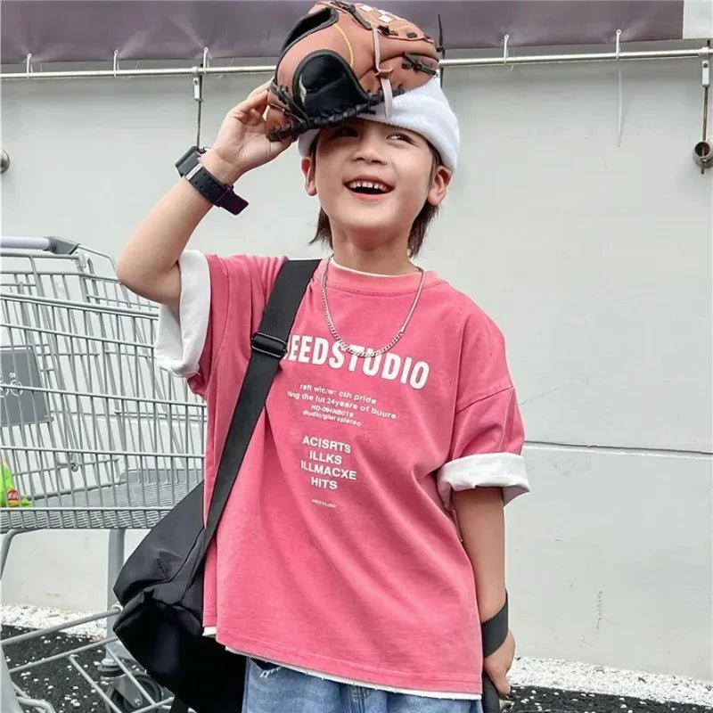 Pure Cotton Children's Short Sleeved Simple Trendy Letters Faded and Worn Half Sleeved T-shirts Boys Girls Stylish - Mom & Kids