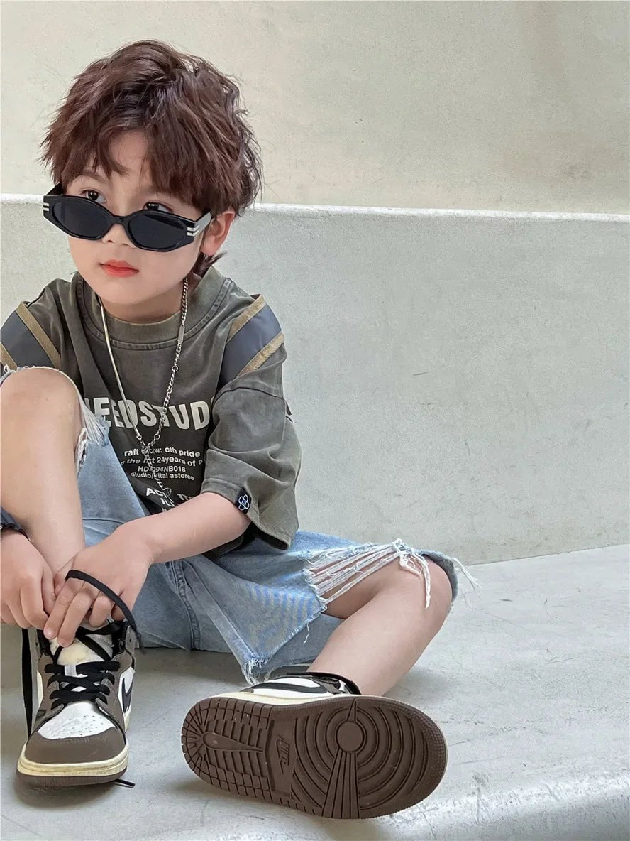 Pure Cotton Children's Short Sleeved Simple Trendy Letters Faded and Worn Half Sleeved T-shirts Boys Girls Stylish - Mom & Kids