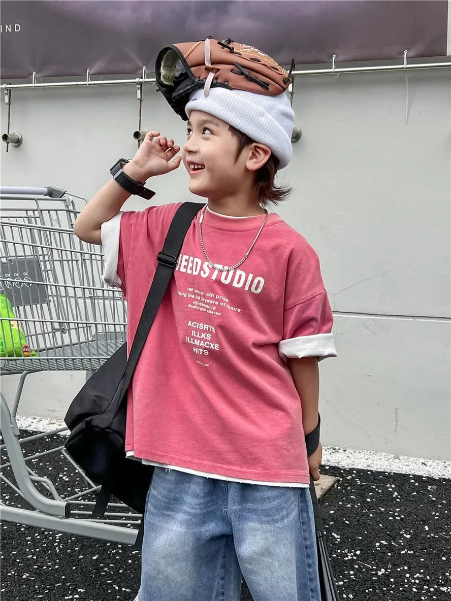 Pure Cotton Children's Short Sleeved Simple Trendy Letters Faded and Worn Half Sleeved T-shirts Boys Girls Stylish - Mom & Kids