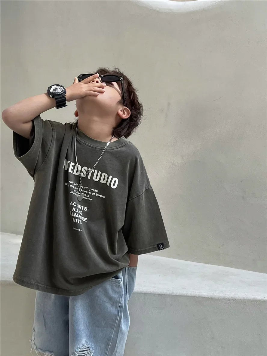 Pure Cotton Children's Short Sleeved Simple Trendy Letters Faded and Worn Half Sleeved T-shirts Boys Girls Stylish - Mom & Kids