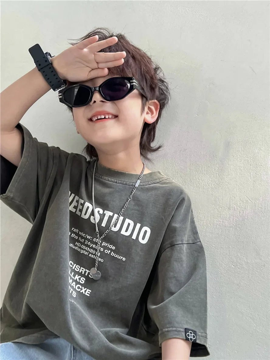 Pure Cotton Children's Short Sleeved Simple Trendy Letters Faded and Worn Half Sleeved T-shirts Boys Girls Stylish - Mom & Kids