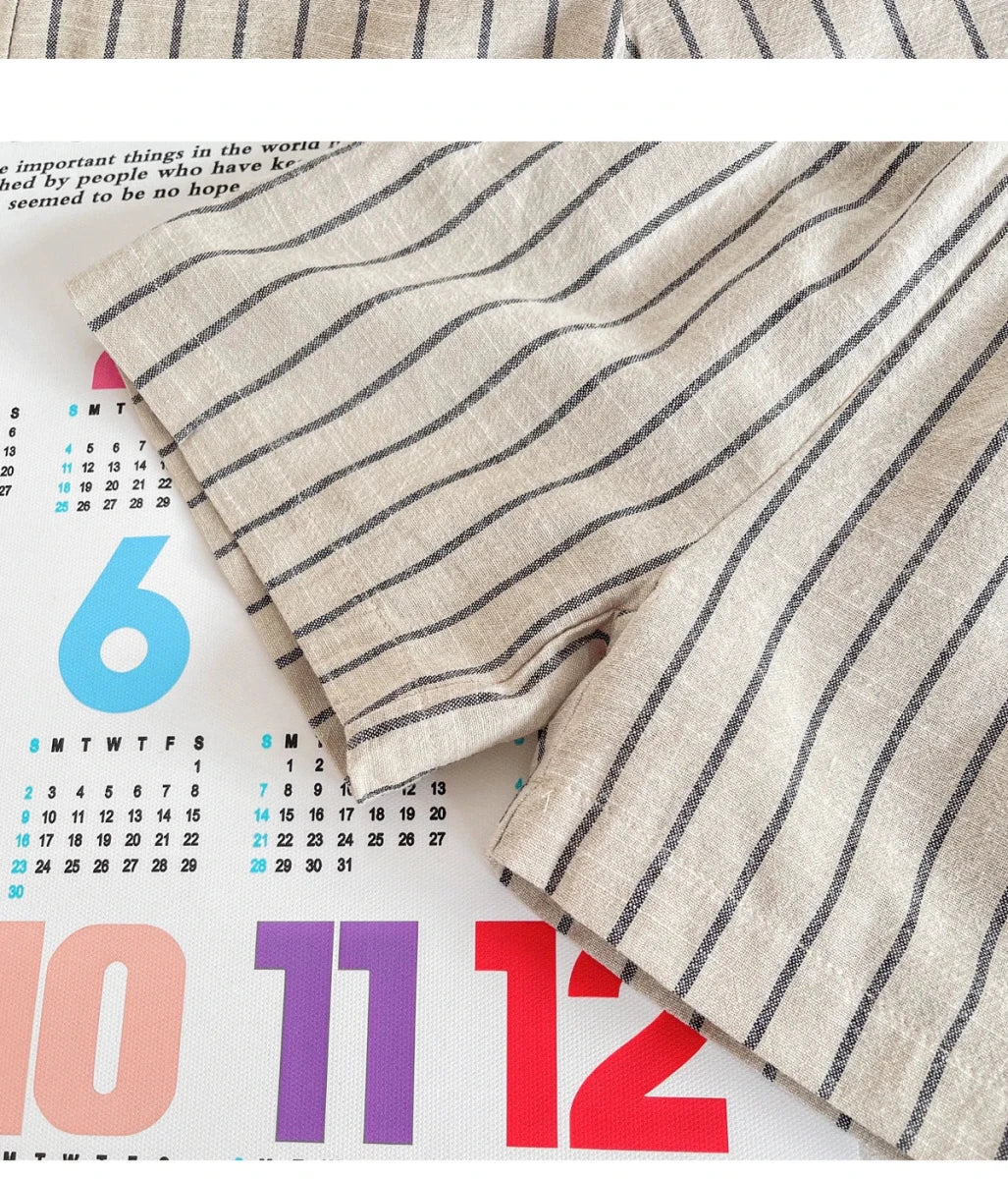 Set Children Unisex Summer New Style Cotton Stripe Pocket Shirt Polo Collar Shourts Fashion Casual Brief Versatile Korean - Mom & Kids
