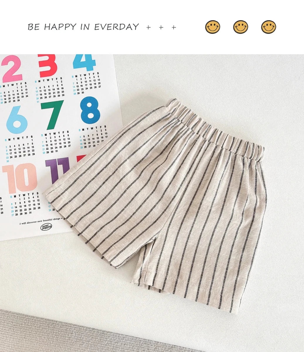 Set Children Unisex Summer New Style Cotton Stripe Pocket Shirt Polo Collar Shourts Fashion Casual Brief Versatile Korean - Mom & Kids