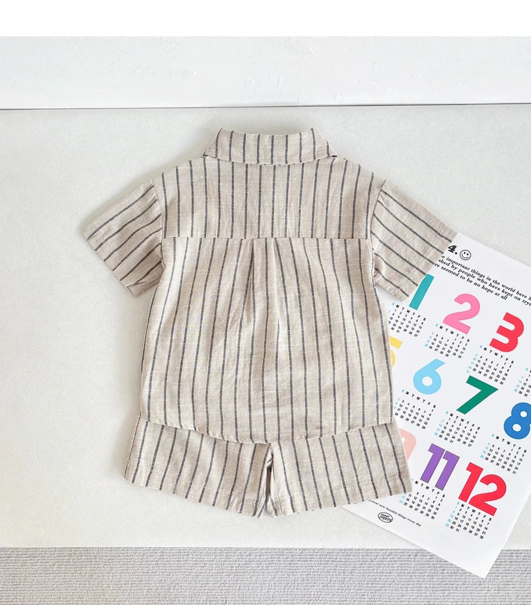 Set Children Unisex Summer New Style Cotton Stripe Pocket Shirt Polo Collar Shourts Fashion Casual Brief Versatile Korean - Mom & Kids