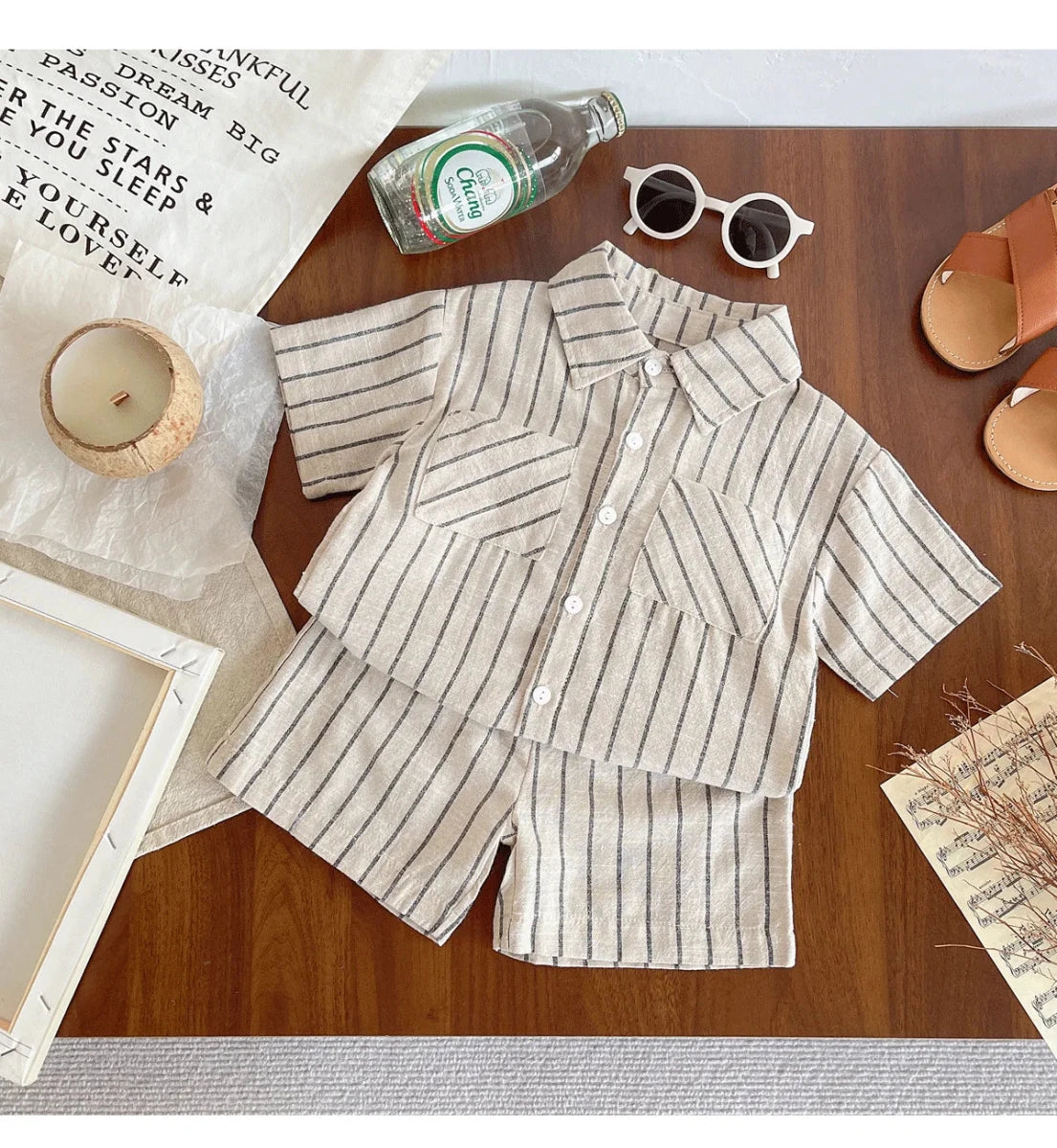 Set Children Unisex Summer New Style Cotton Stripe Pocket Shirt Polo Collar Shourts Fashion Casual Brief Versatile Korean - Mom & Kids