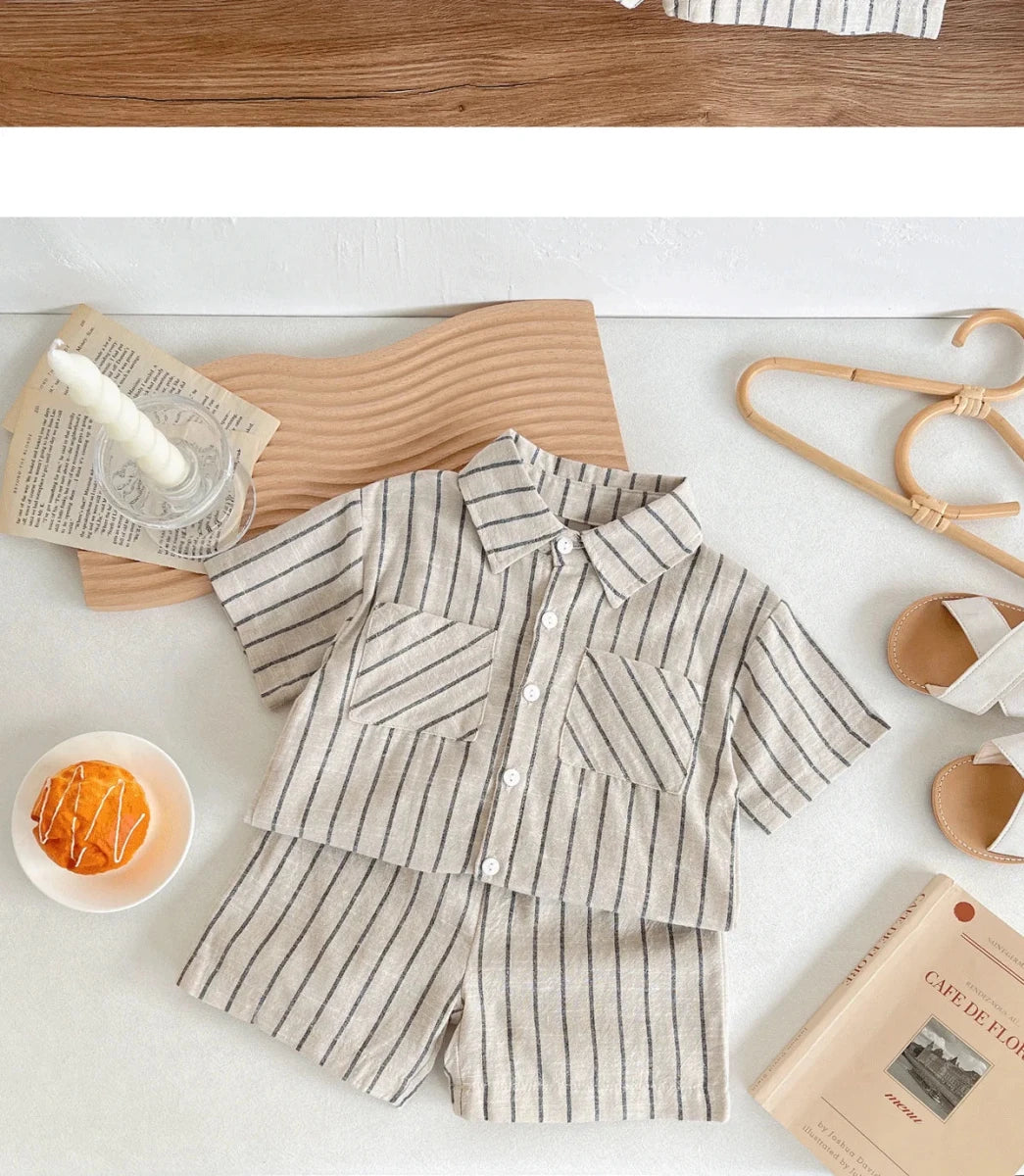 Set Children Unisex Summer New Style Cotton Stripe Pocket Shirt Polo Collar Shourts Fashion Casual Brief Versatile Korean - Mom & Kids
