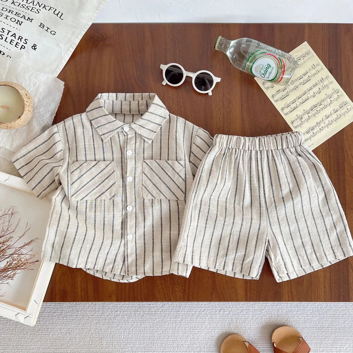 Set Children Unisex Summer New Style Cotton Stripe Pocket Shirt Polo Collar Shourts Fashion Casual Brief Versatile Korean - Mom & Kids