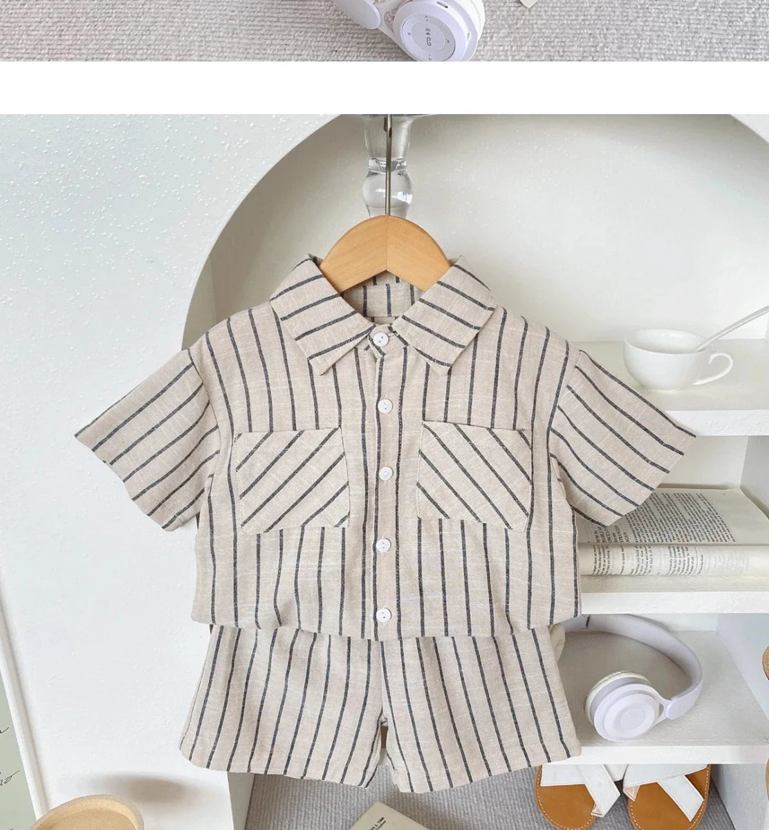 Set Children Unisex Summer New Style Cotton Stripe Pocket Shirt Polo Collar Shourts Fashion Casual Brief Versatile Korean - Mom & Kids