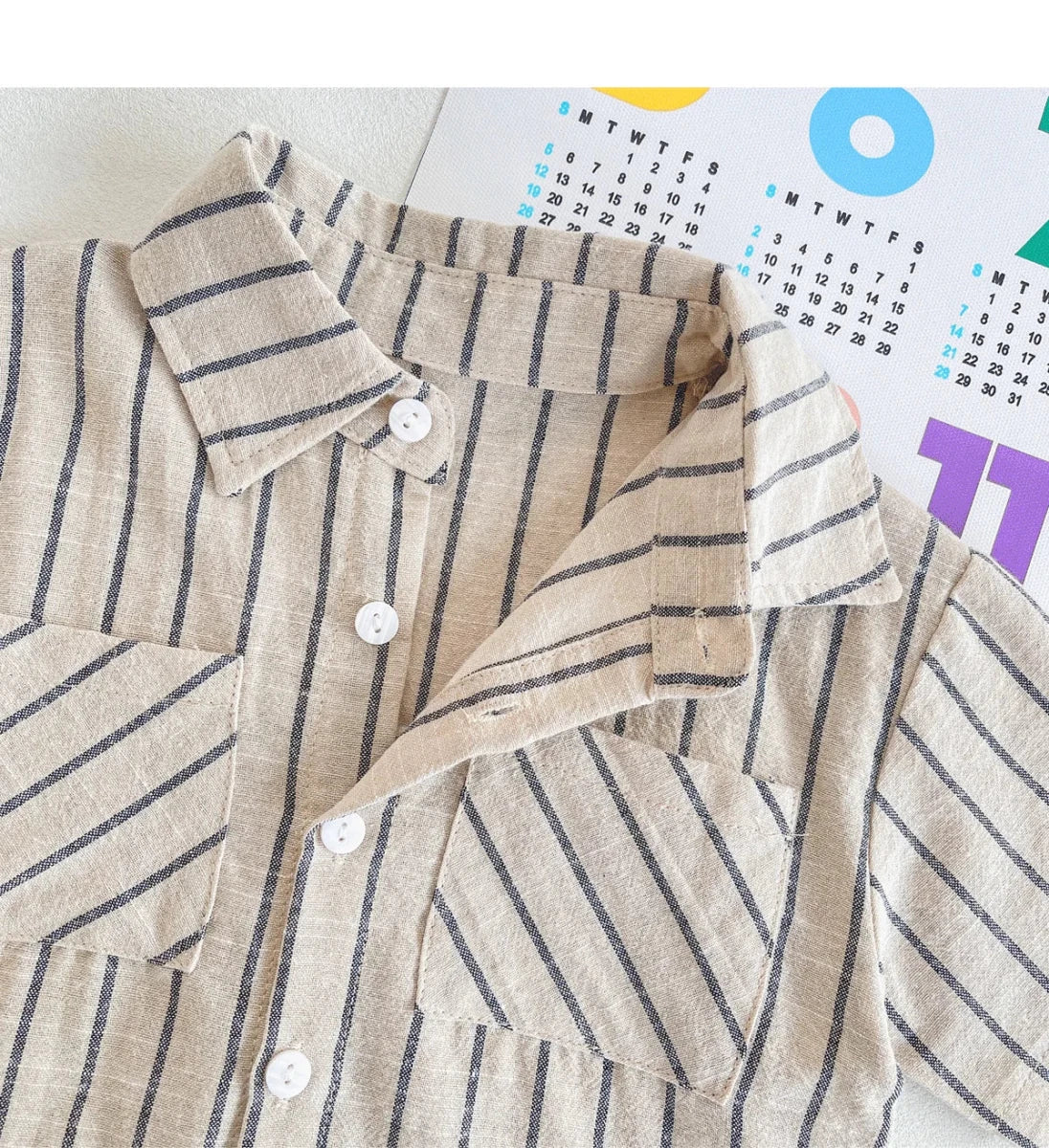 Set Children Unisex Summer New Style Cotton Stripe Pocket Shirt Polo Collar Shourts Fashion Casual Brief Versatile Korean - Mom & Kids