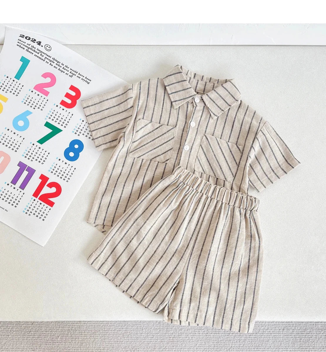Set Children Unisex Summer New Style Cotton Stripe Pocket Shirt Polo Collar Shourts Fashion Casual Brief Versatile Korean - Mom & Kids