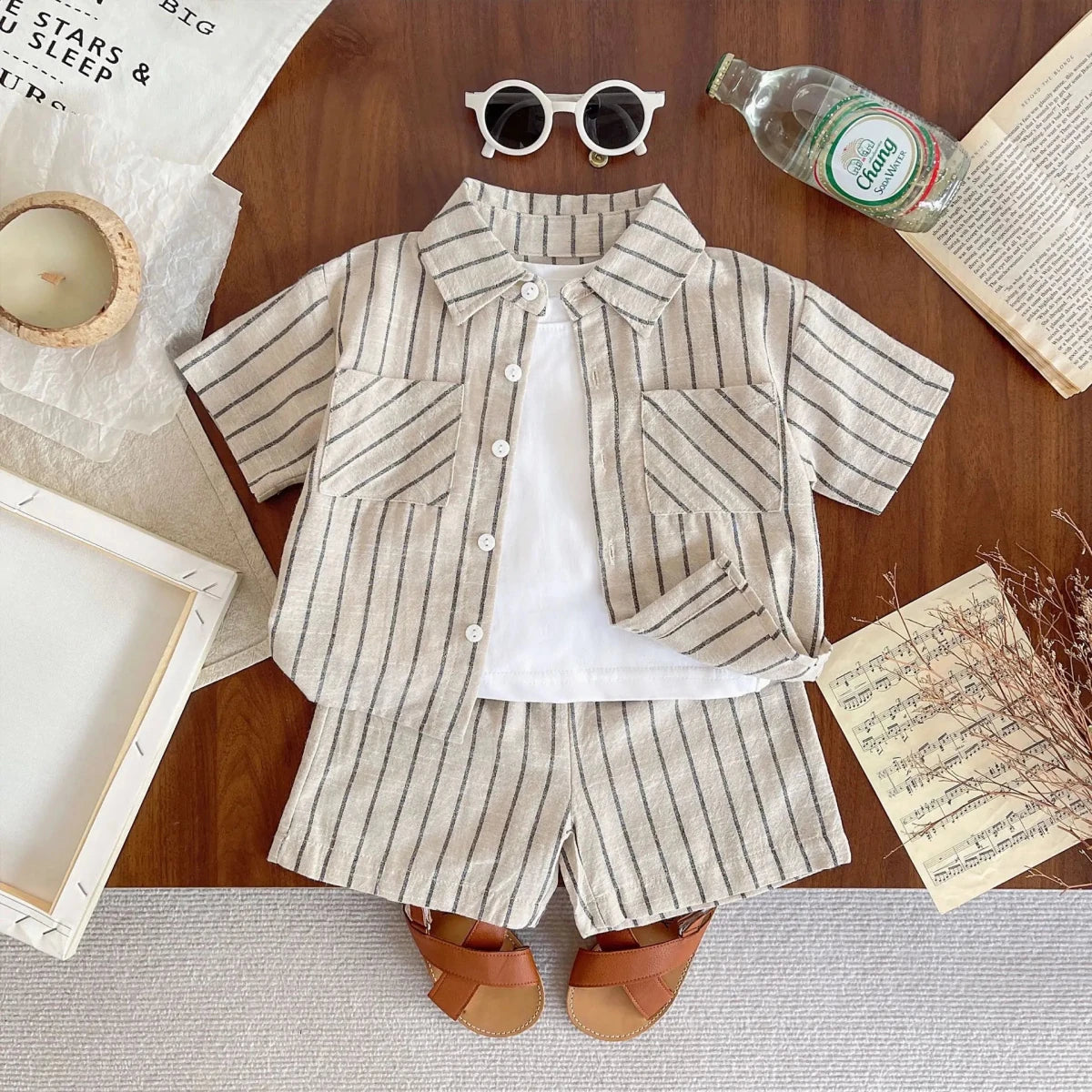 Set Children Unisex Summer New Style Cotton Stripe Pocket Shirt Polo Collar Shourts Fashion Casual Brief Versatile Korean - Mom & Kids