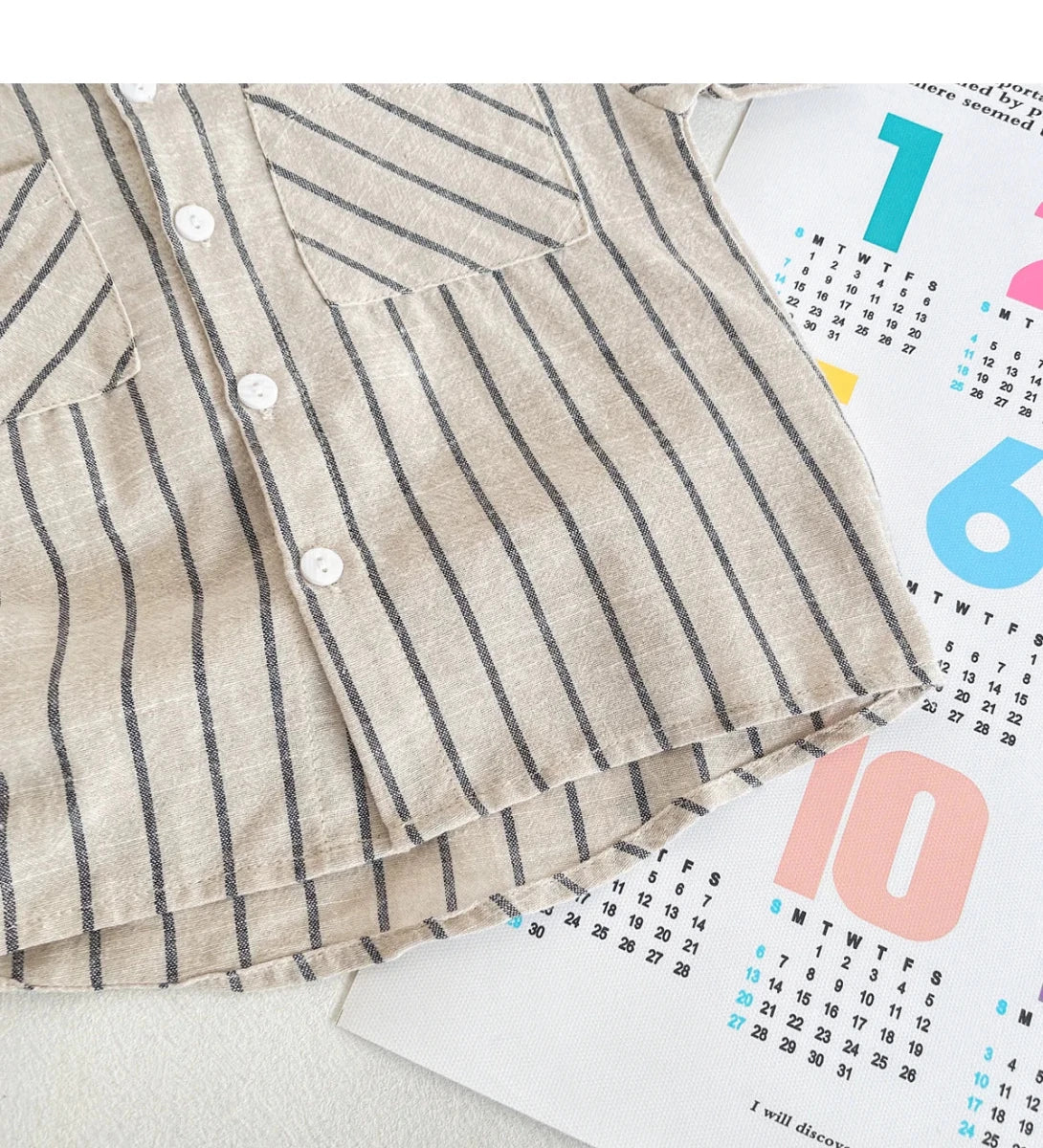 Set Children Unisex Summer New Style Cotton Stripe Pocket Shirt Polo Collar Shourts Fashion Casual Brief Versatile Korean - Mom & Kids