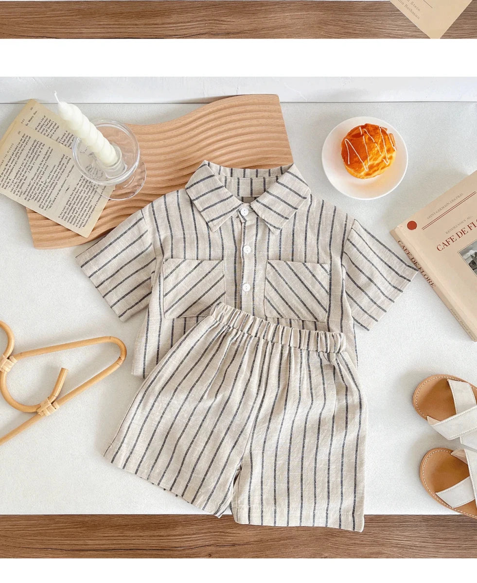 Set Children Unisex Summer New Style Cotton Stripe Pocket Shirt Polo Collar Shourts Fashion Casual Brief Versatile Korean - Mom & Kids