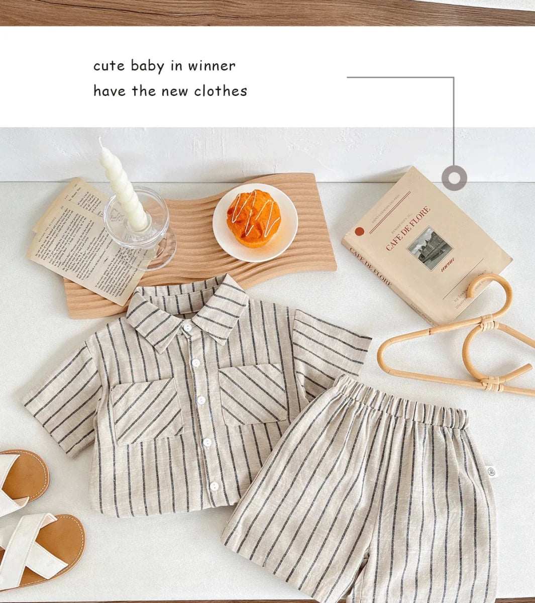 Set Children Unisex Summer New Style Cotton Stripe Pocket Shirt Polo Collar Shourts Fashion Casual Brief Versatile Korean - Mom & Kids